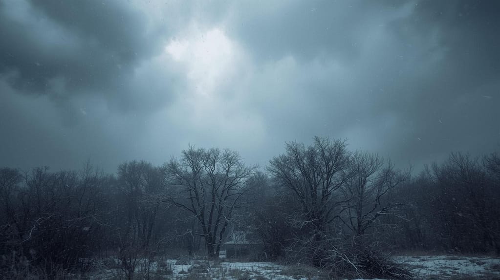 Stormy winter day with overhead clouds.