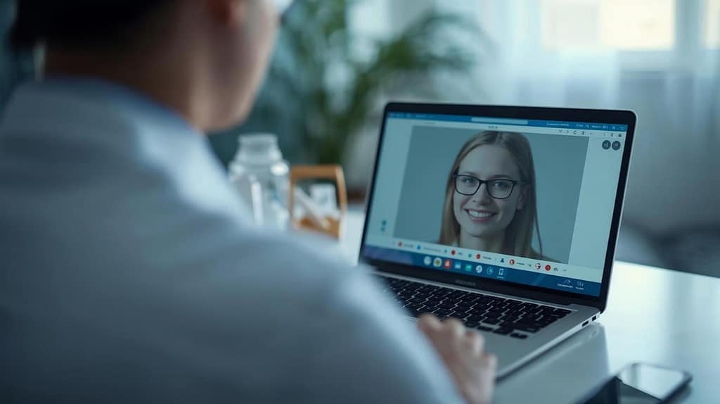 Provider talking to a patient via a computer.
