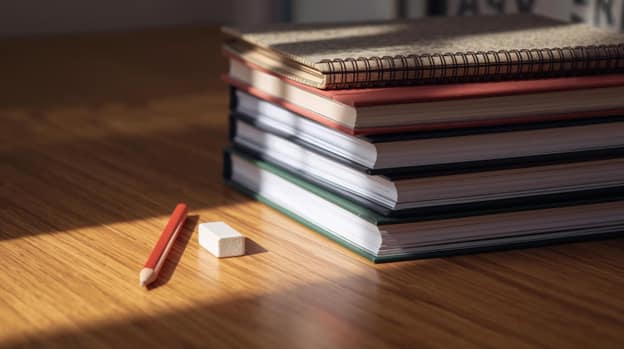 Textbooks with a pencil and eraser on a desktop.