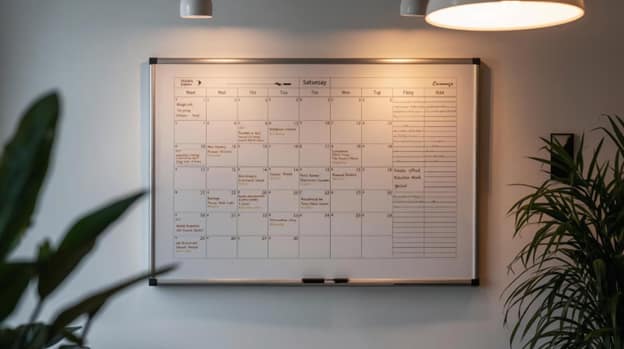 Schedule on a whiteboard.